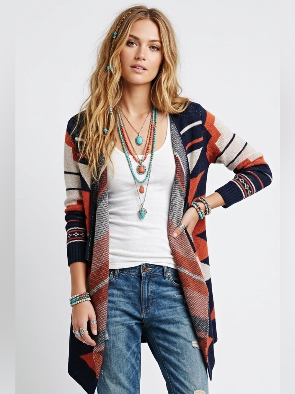 Woven Heart Western Geometric Aztec Open Front Waterfall Cardigan Sweater